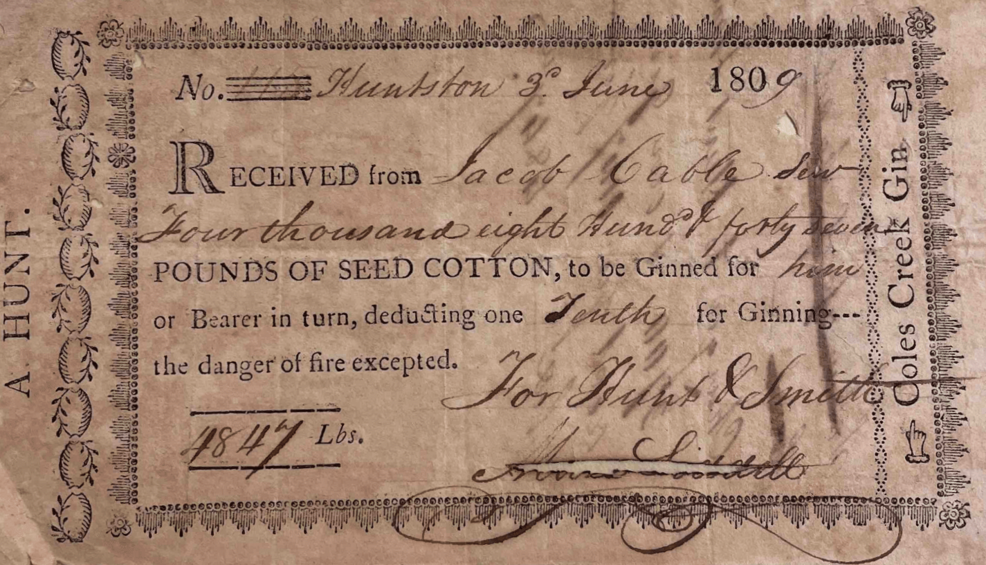 Historical cotton ginning receipt